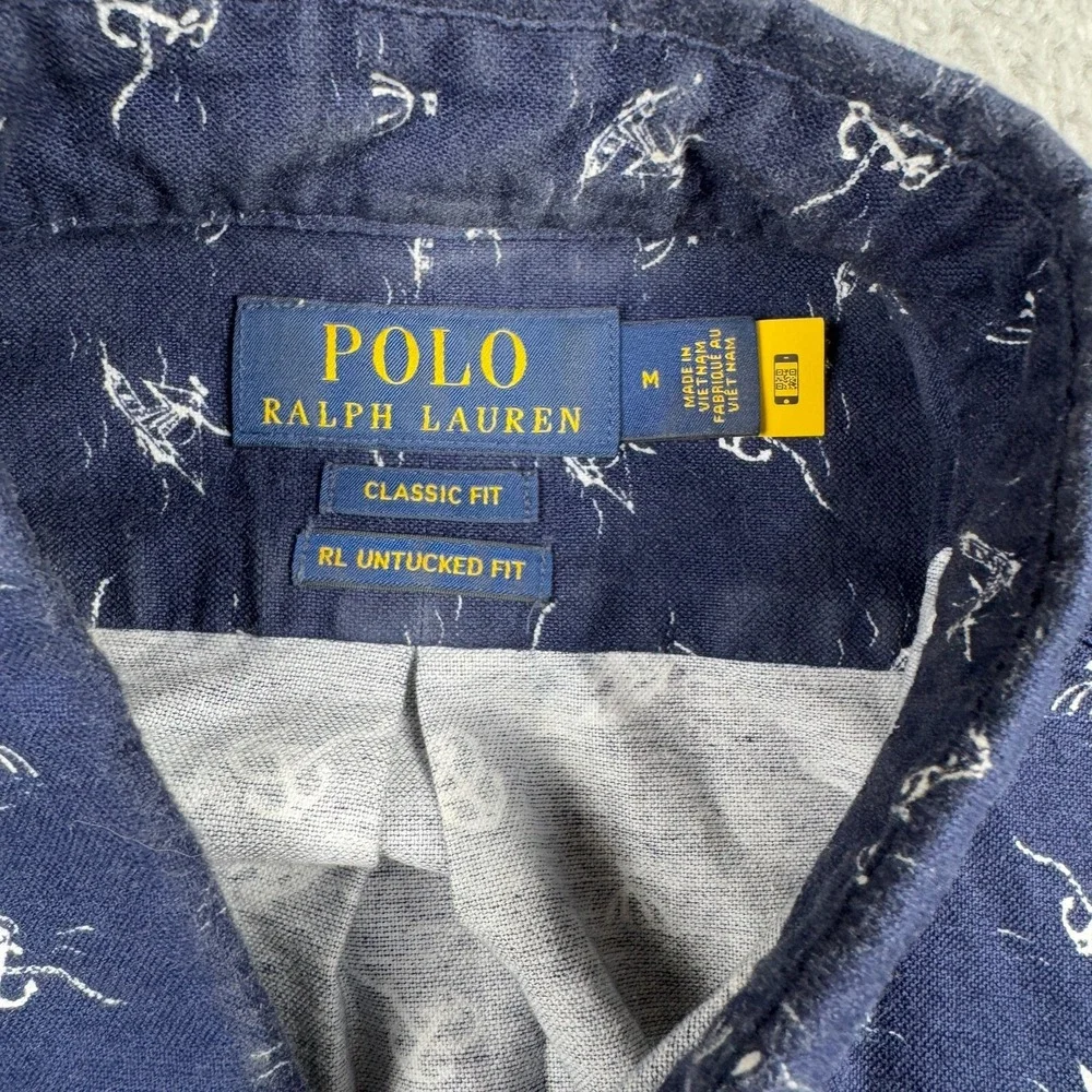Polo Ralph Lauren Shirt Mens Medium Blue‎ Anchor All Over Print Boating Button
